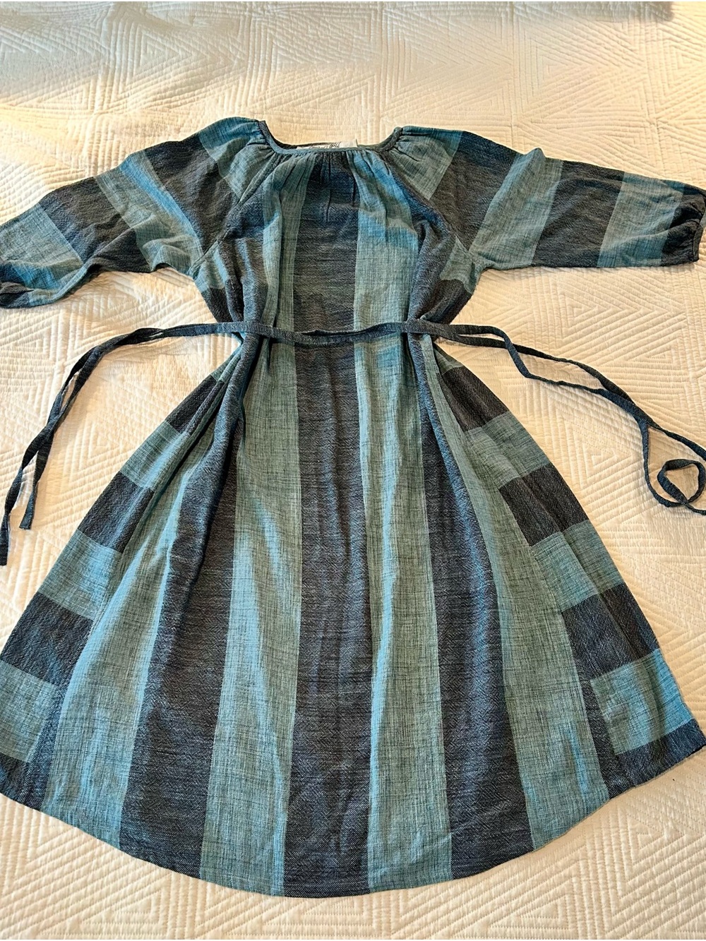 Ace & Jig Teal and Navy Vertical-Stripe Long Sleeve Cotton Dress with Tie